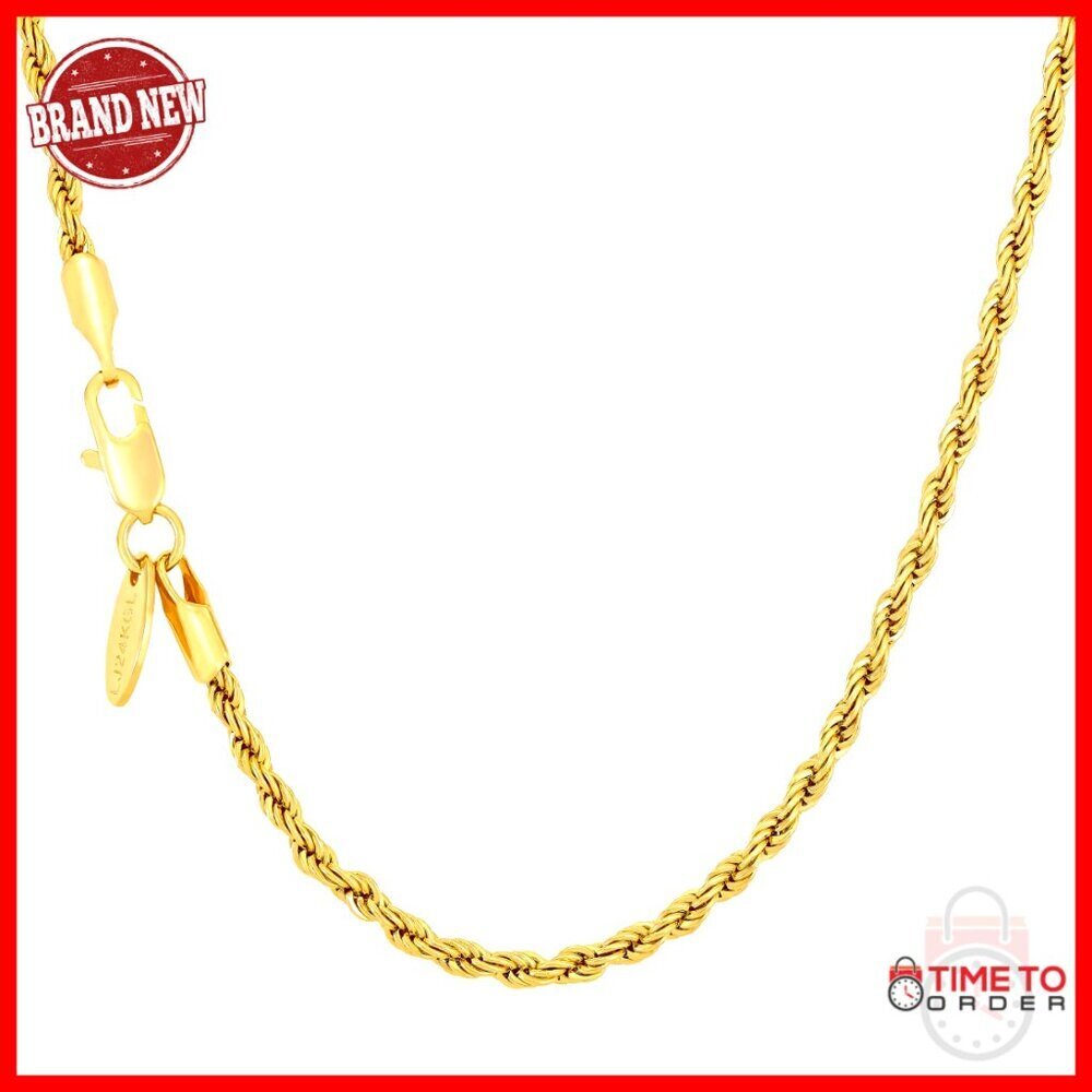 2mm Diamond Cut Rope Chain Necklace, 24k Gold Plated, Lobster Clasp, 14-36